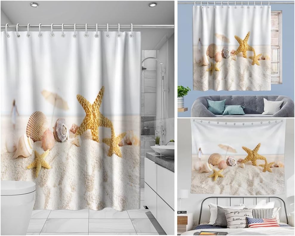Starfish Seashell Beach Ocean Unique Shower Curtain Waterproof Washable Beige