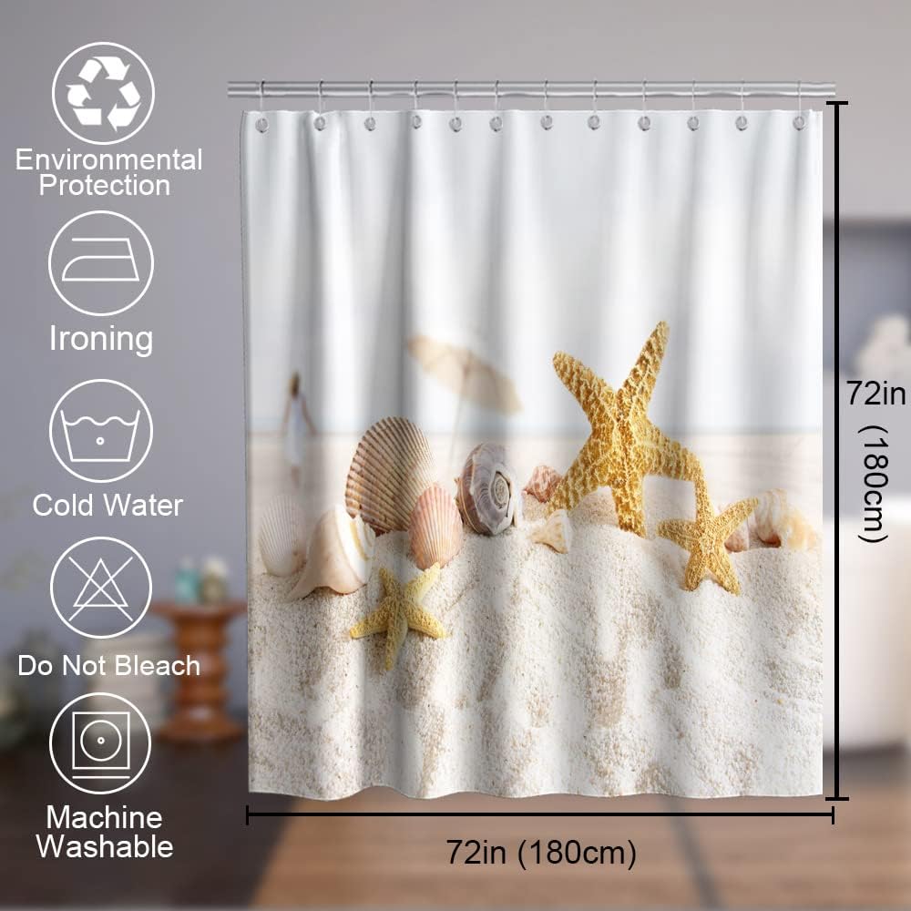 Starfish Seashell Beach Ocean Unique Shower Curtain Waterproof Washable Beige