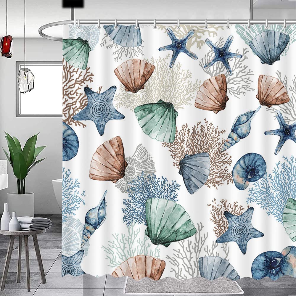 Starfish Seashell Coral Beach Nautical Shower Curtain - Bathroom Decor Featuring a Washable and Durable Fabric Material
