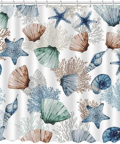 Starfish Seashell Coral Beach Nautical Shower Curtain - Bathroom Decor Featuring a Washable and Durable Fabric Material