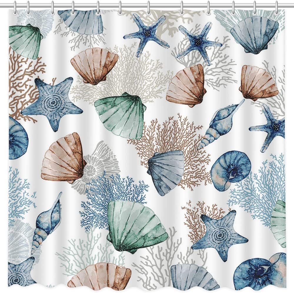 Starfish Seashell Coral Beach Nautical Shower Curtain - Bathroom Decor Featuring a Washable and Durable Fabric Material