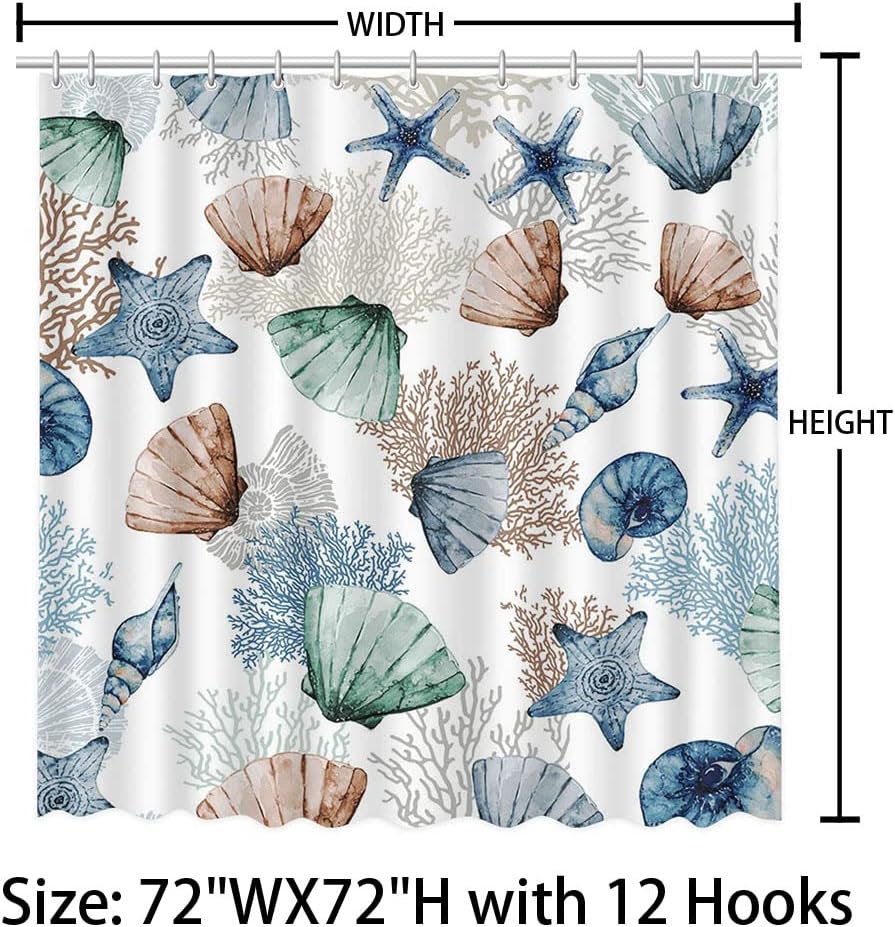 Starfish Seashell Coral Beach Nautical Shower Curtain - Bathroom Decor Featuring a Washable and Durable Fabric Material