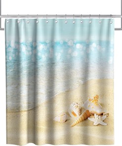 Starfish Seashell Ocean Decor Vintage Shower Curtain Waterproof Washable Blue and Gold