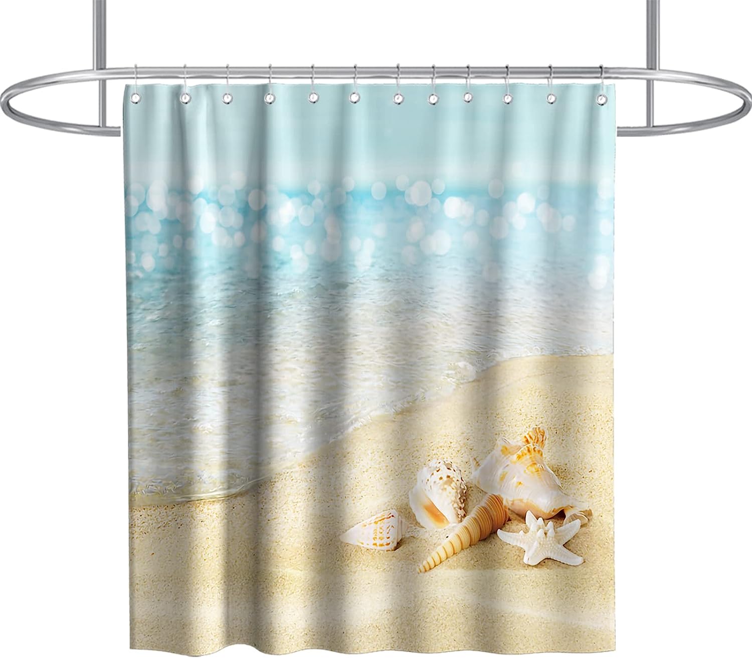 Starfish Seashell Ocean Decor Vintage Shower Curtain Waterproof Washable Blue and Gold
