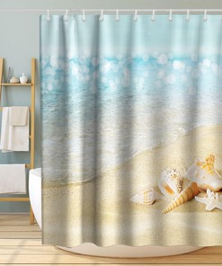 Starfish Seashell Ocean Decor Vintage Shower Curtain Waterproof Washable Blue and Gold