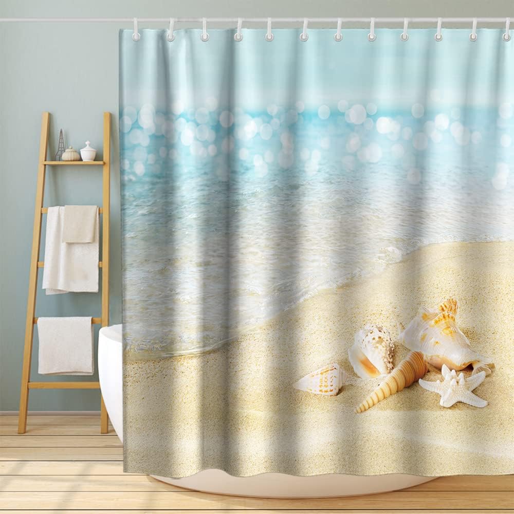 Starfish Seashell Ocean Decor Vintage Shower Curtain Waterproof Washable Blue and Gold