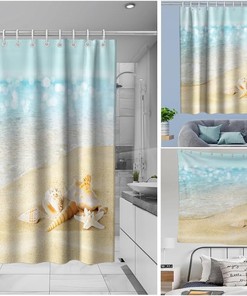 Starfish Seashell Ocean Decor Vintage Shower Curtain Waterproof Washable Blue and Gold
