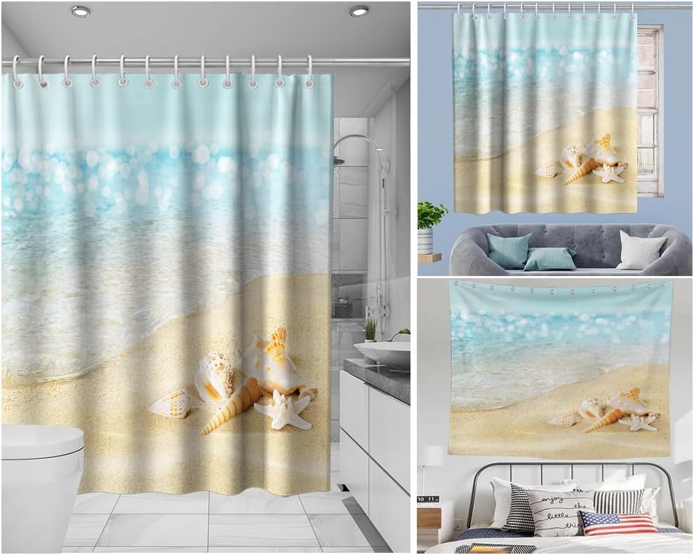 Starfish Seashell Ocean Decor Vintage Shower Curtain Waterproof Washable Blue and Gold