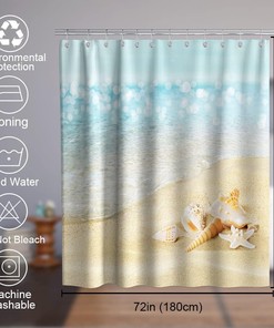 Starfish Seashell Ocean Decor Vintage Shower Curtain Waterproof Washable Blue and Gold