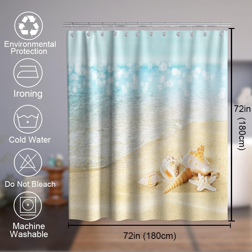 Starfish Seashell Ocean Decor Vintage Shower Curtain Waterproof Washable Blue and Gold