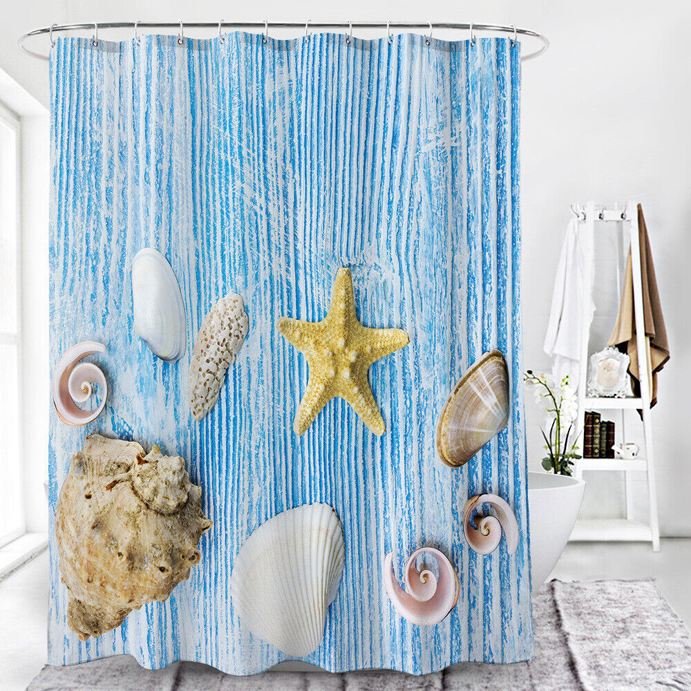 Starfish Seashells Conch Ocean Print Bathroom Shower Curtain