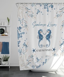 Starfish Shower Curtain For Beach Themed Bathroom - Coastal Shower Curtain With Seashorse