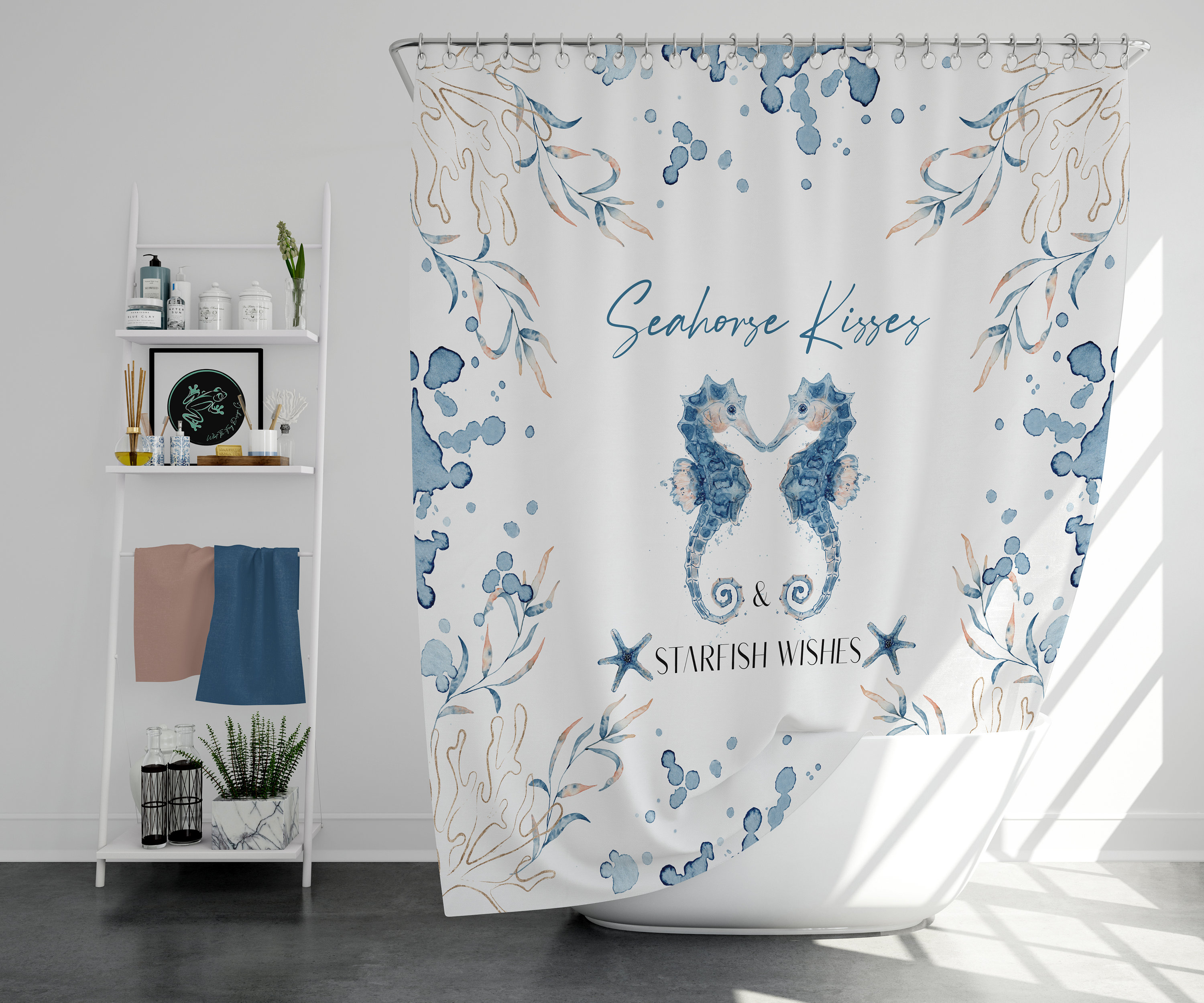 Starfish Shower Curtain For Beach Themed Bathroom - Coastal Shower Curtain With Seashorse