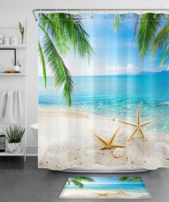Starfish Shower Curtain with Palm Leaf and Tropical Designs - Ocean Beach Theme for Bathroom Decor