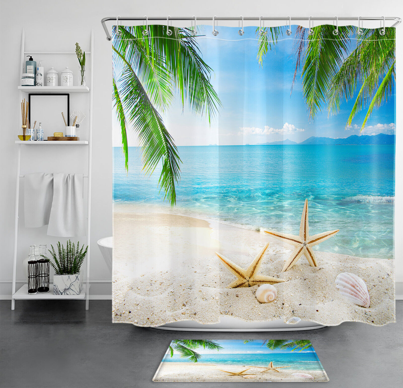 Starfish Shower Curtain with Palm Leaf and Tropical Designs - Ocean Beach Theme for Bathroom Decor