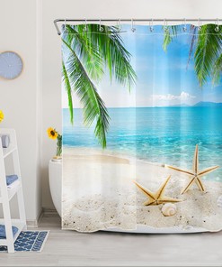 Starfish Shower Curtain with Palm Leaf and Tropical Designs - Ocean Beach Theme for Bathroom Decor