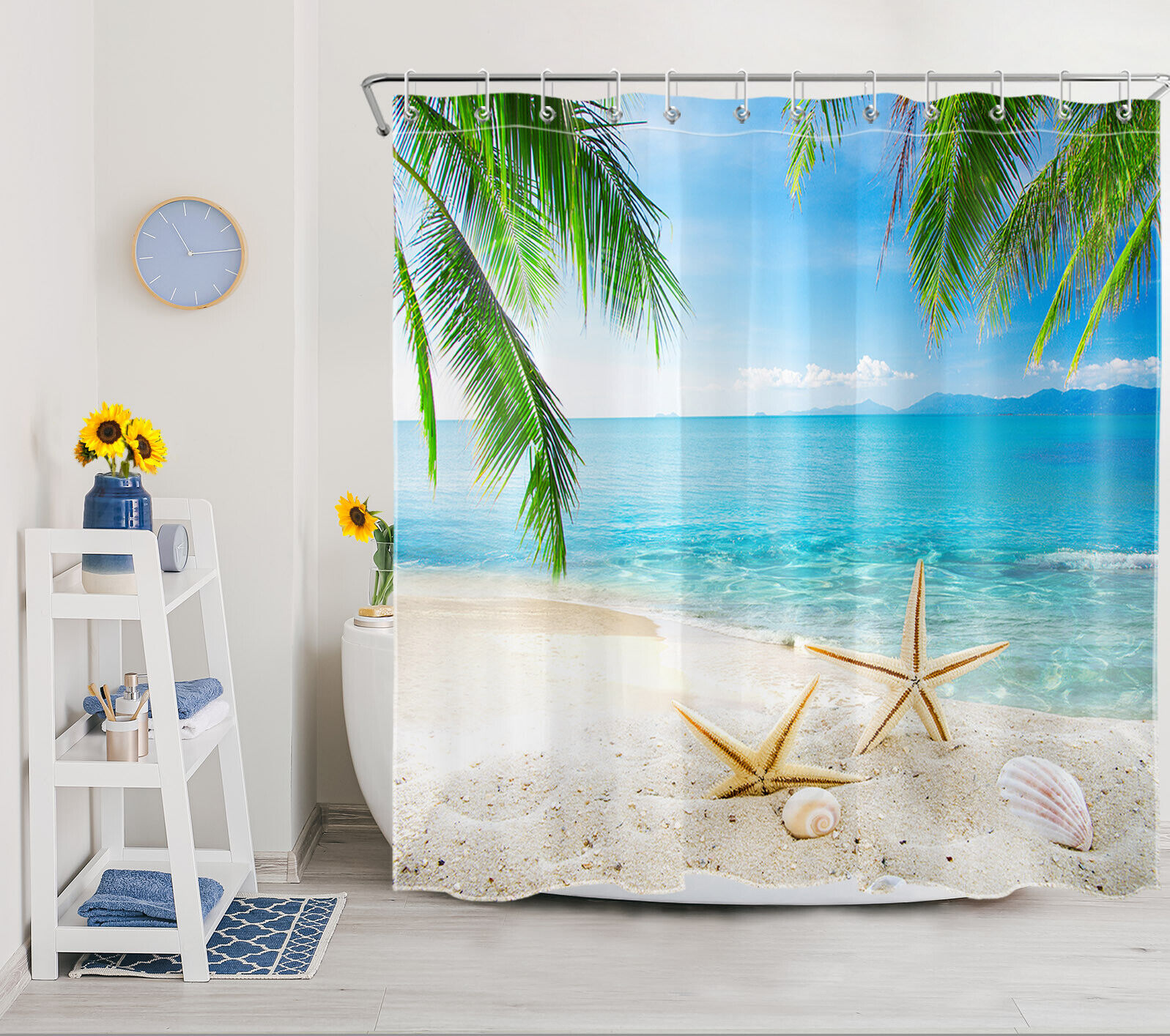 Starfish Shower Curtain with Palm Leaf and Tropical Designs - Ocean Beach Theme for Bathroom Decor