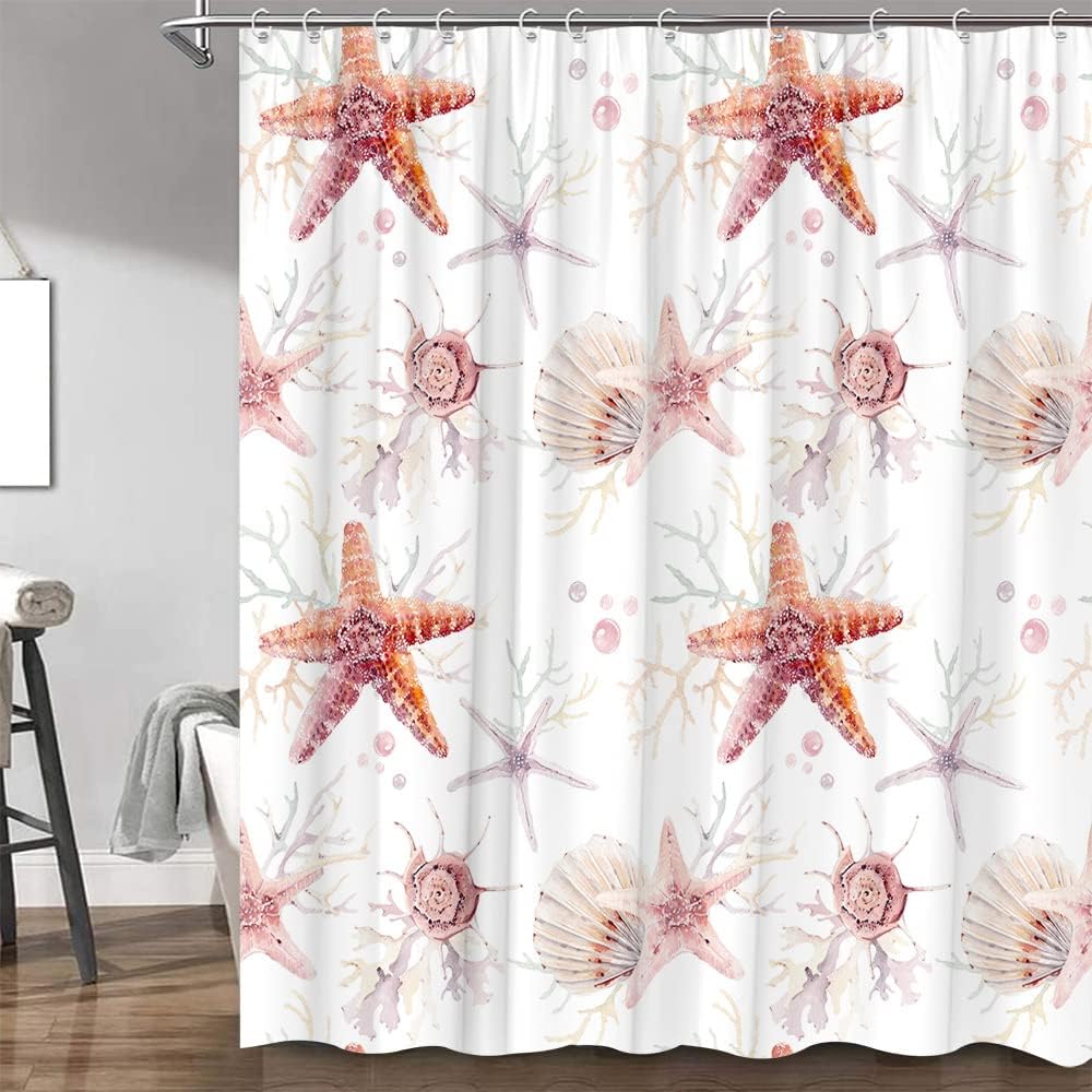 Starfish Shower CurtainNautical Coastal Ocean Beach Creatures Retro Bathroom Bathtub Decor