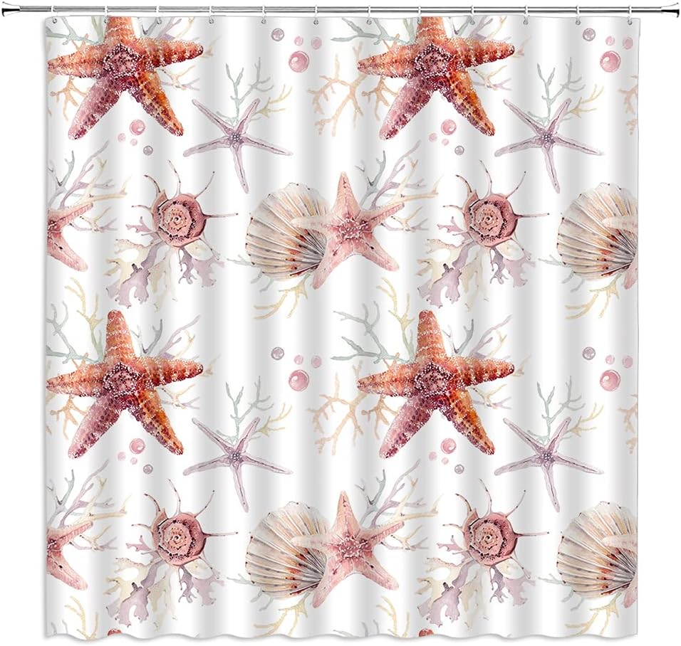 Starfish Shower CurtainNautical Coastal Ocean Beach Creatures Retro Bathroom Bathtub Decor