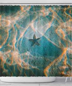Starfish Underwater Sea Blue And Gold Shower Curtain, Perfect For Tropical Beach Bathroom Decor