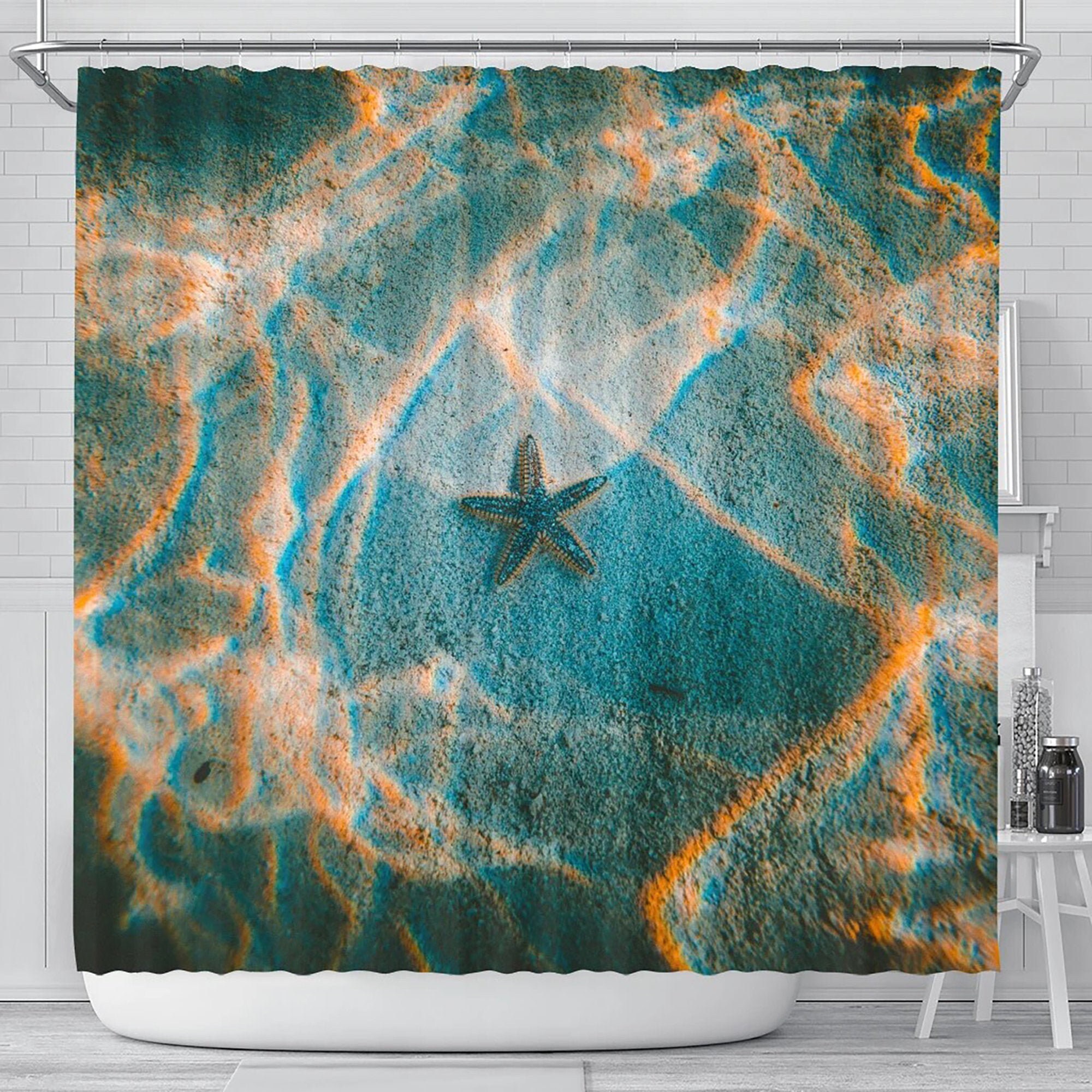 Starfish Underwater Sea Blue And Gold Shower Curtain, Perfect For Tropical Beach Bathroom Decor
