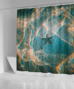 Starfish Underwater Sea Blue And Gold Shower Curtain, Perfect For Tropical Beach Bathroom Decor