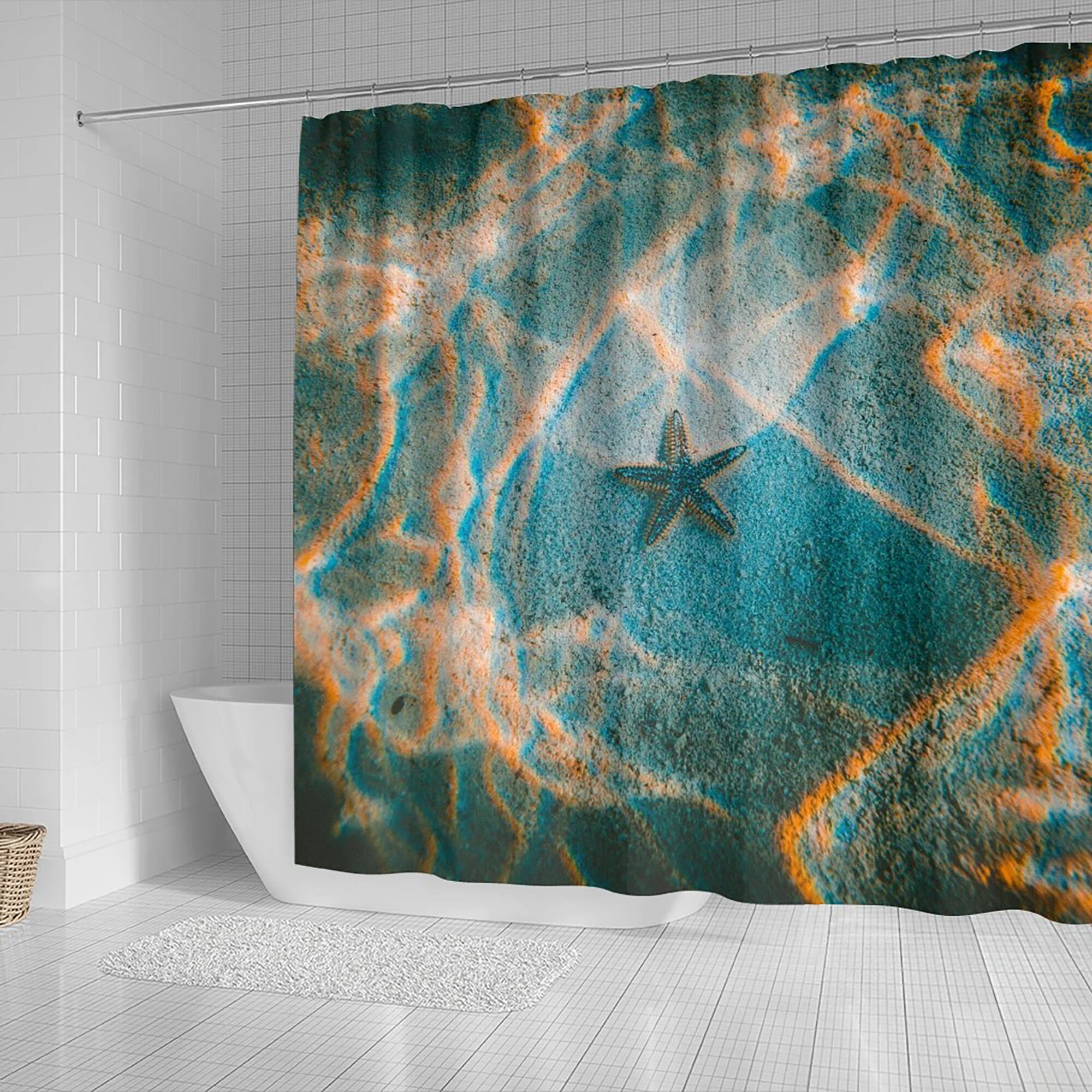 Starfish Underwater Sea Blue And Gold Shower Curtain, Perfect For Tropical Beach Bathroom Decor