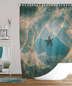 Starfish Underwater Sea Blue And Gold Shower Curtain, Perfect For Tropical Beach Bathroom Decor
