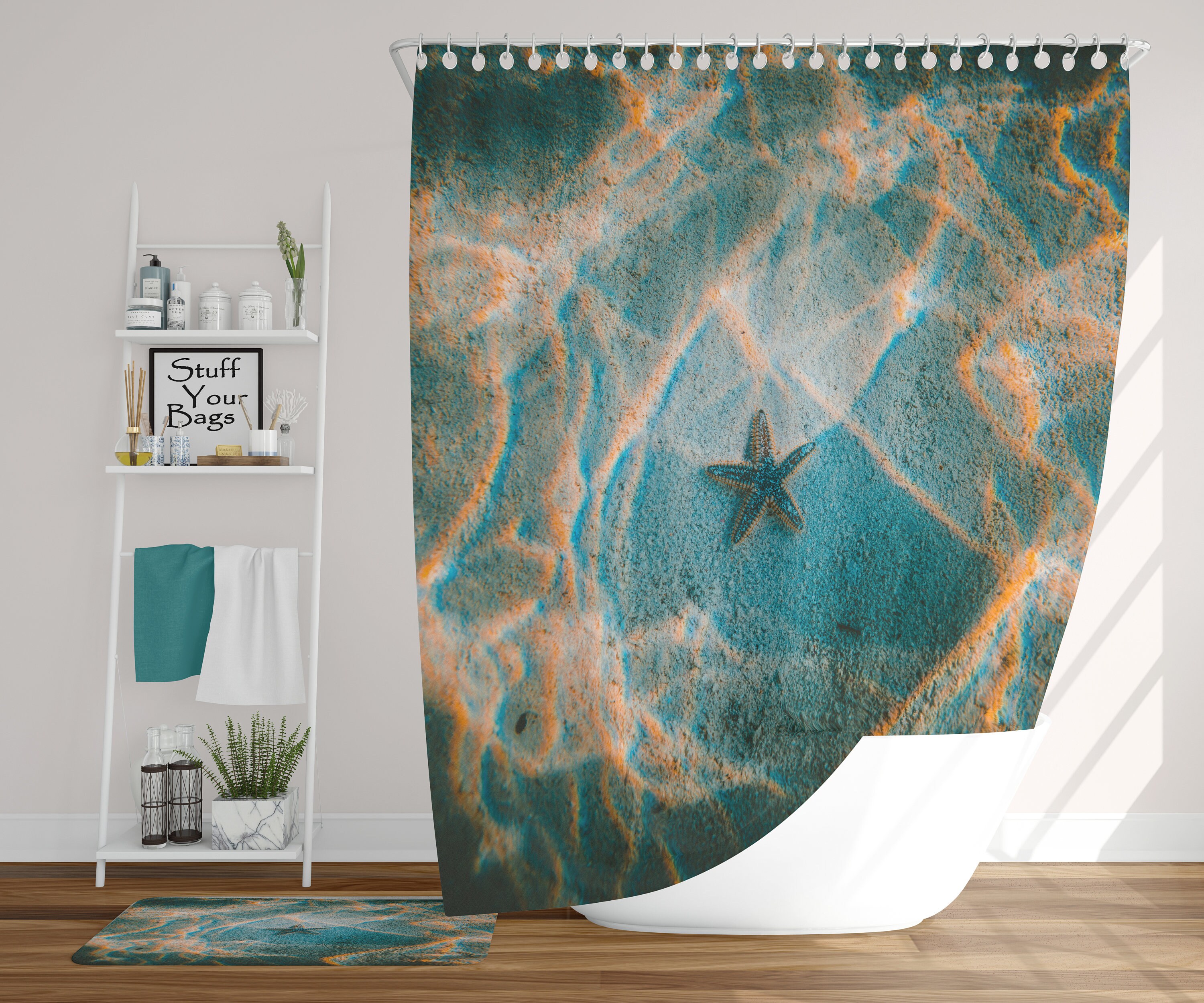 Starfish Underwater Sea Blue And Gold Shower Curtain, Perfect For Tropical Beach Bathroom Decor