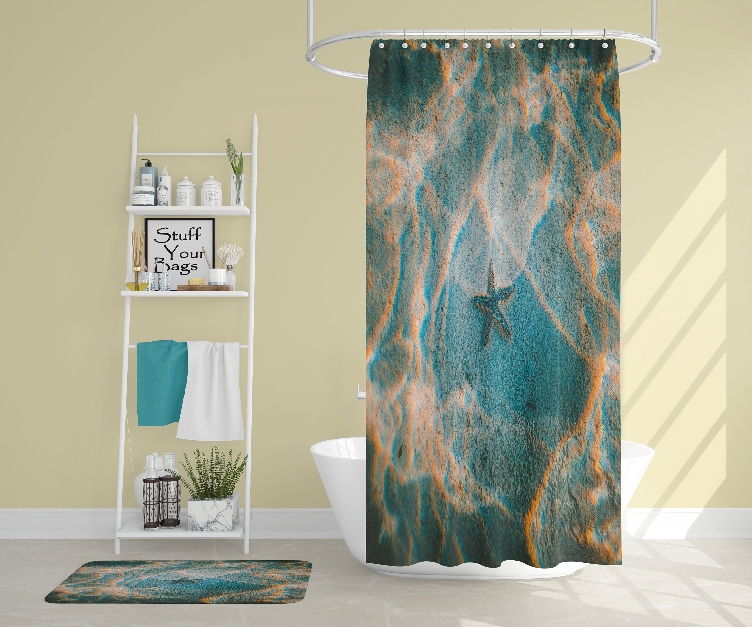 Starfish Underwater Sea Blue And Gold Shower Curtain, Perfect For Tropical Beach Bathroom Decor