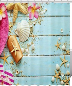 Starfish and Seashell Print Shower Curtain for Beachy Bathroom Decor