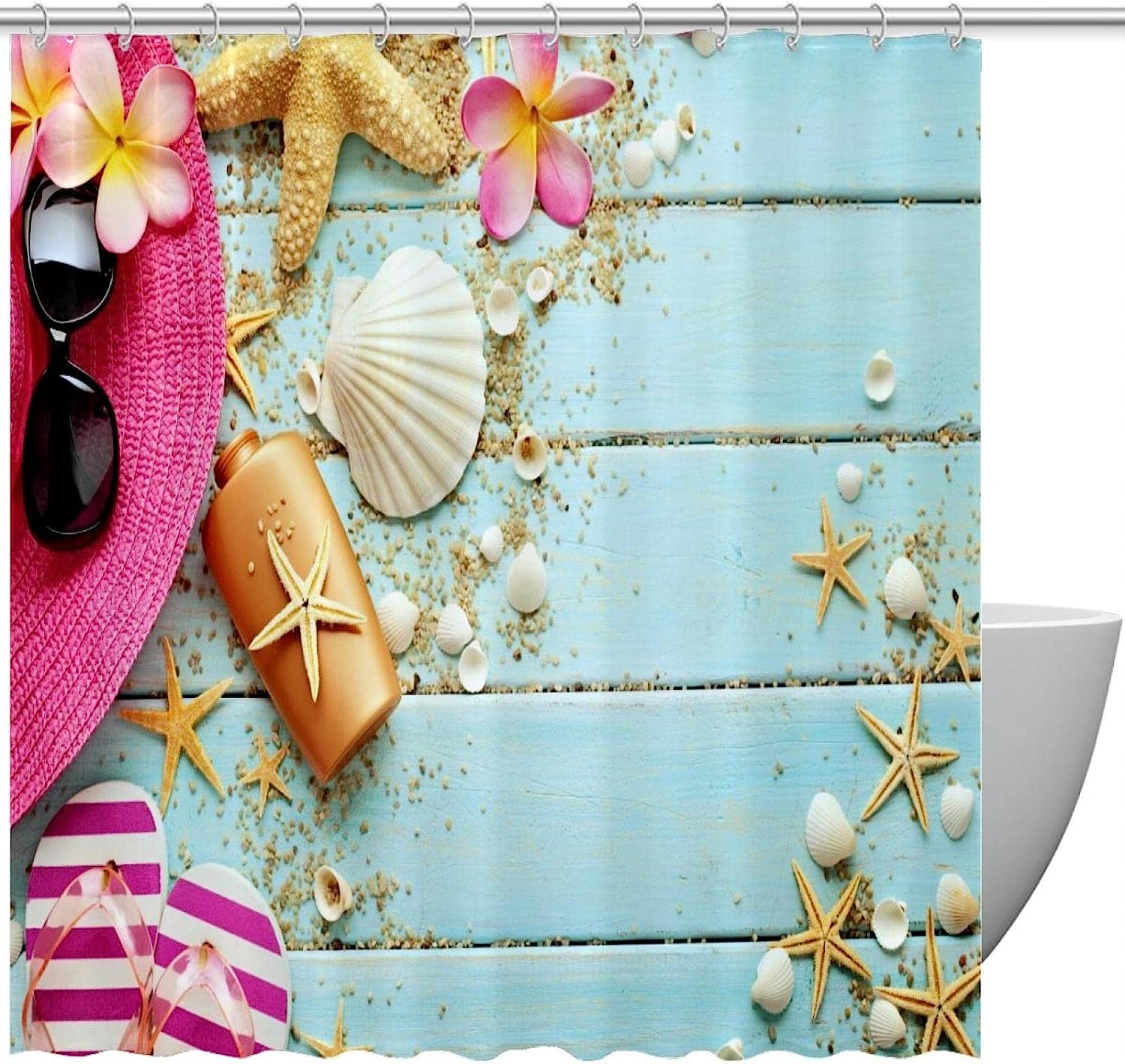 Starfish and Seashell Print Shower Curtain for Beachy Bathroom Decor