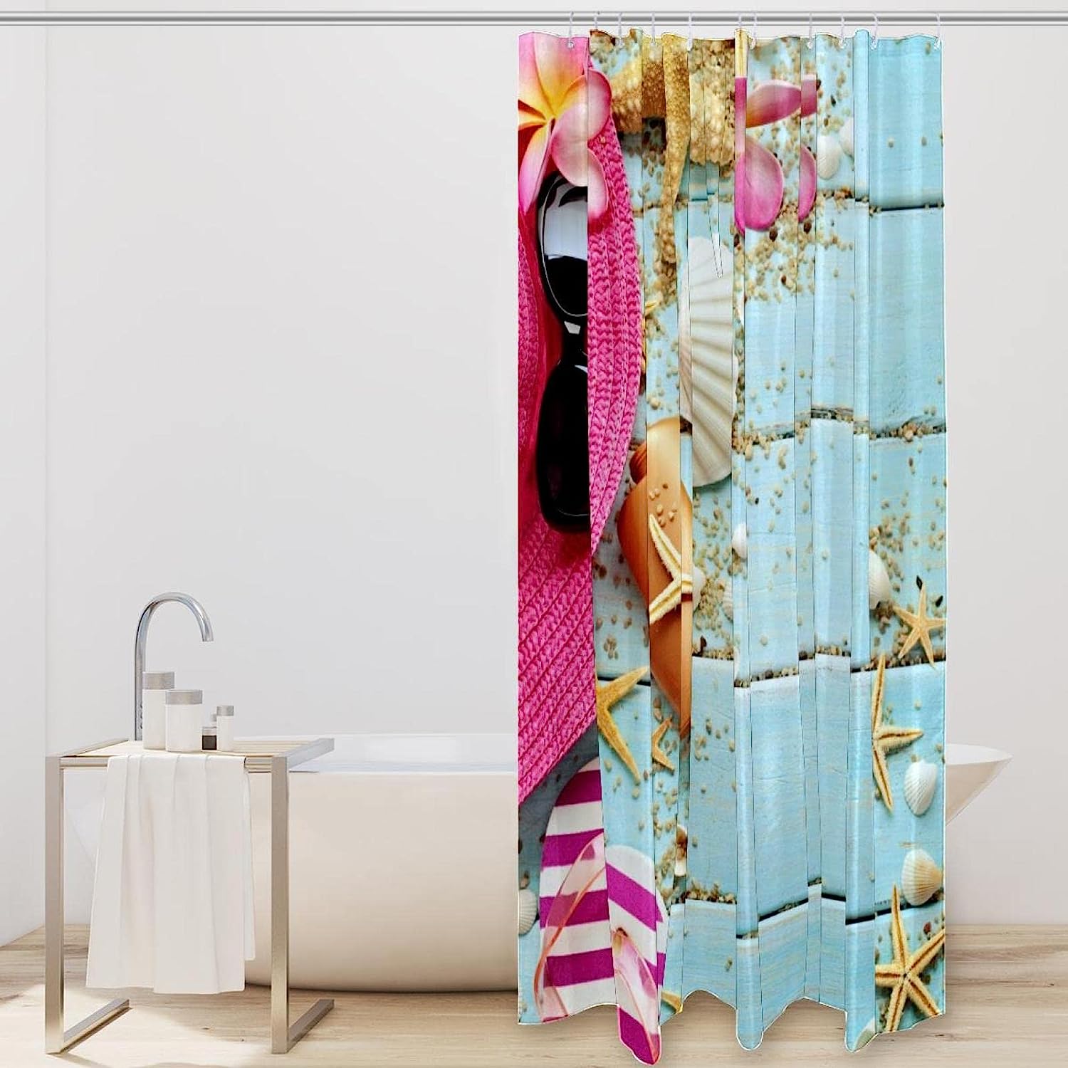 Starfish and Seashell Print Shower Curtain for Beachy Bathroom Decor