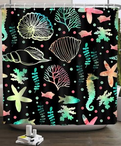 Starfish and Seashells Ocean Beach Print Shower Curtain for Coastal Bathroom Decor,  Fabric Bath Curtain