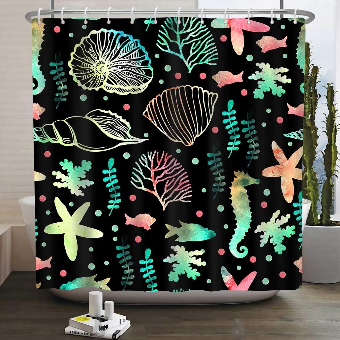 Starfish and Seashells Ocean Beach Print Shower Curtain for Coastal Bathroom Decor, Fabric Bath Curtain