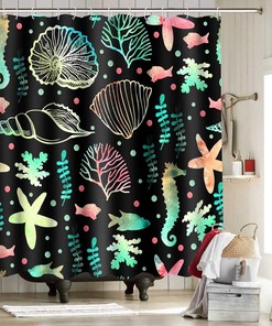 Starfish and Seashells Ocean Beach Print Shower Curtain for Coastal Bathroom Decor,  Fabric Bath Curtain