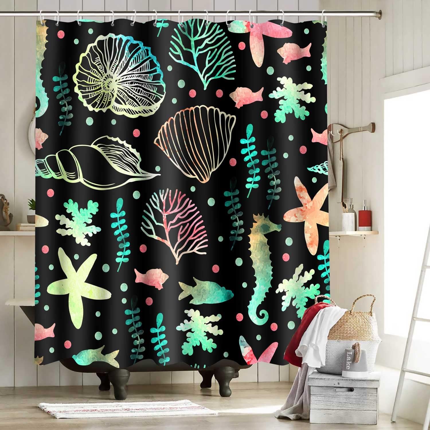 Starfish and Seashells Ocean Beach Print Shower Curtain for Coastal Bathroom Decor, Fabric Bath Curtain