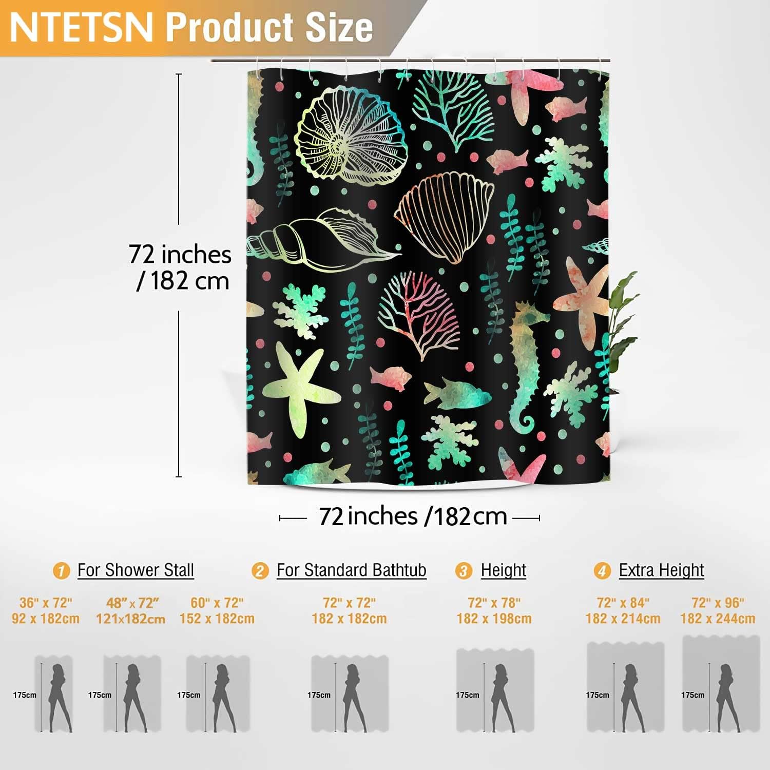 Starfish and Seashells Ocean Beach Print Shower Curtain for Coastal Bathroom Decor, Fabric Bath Curtain