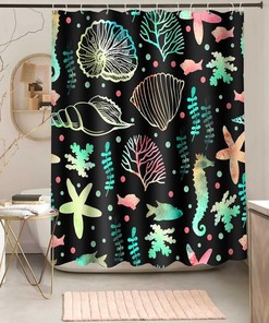 Starfish and Seashells Ocean Beach Print Shower Curtain for Coastal Bathroom Decor, Fabric Bath Curtain