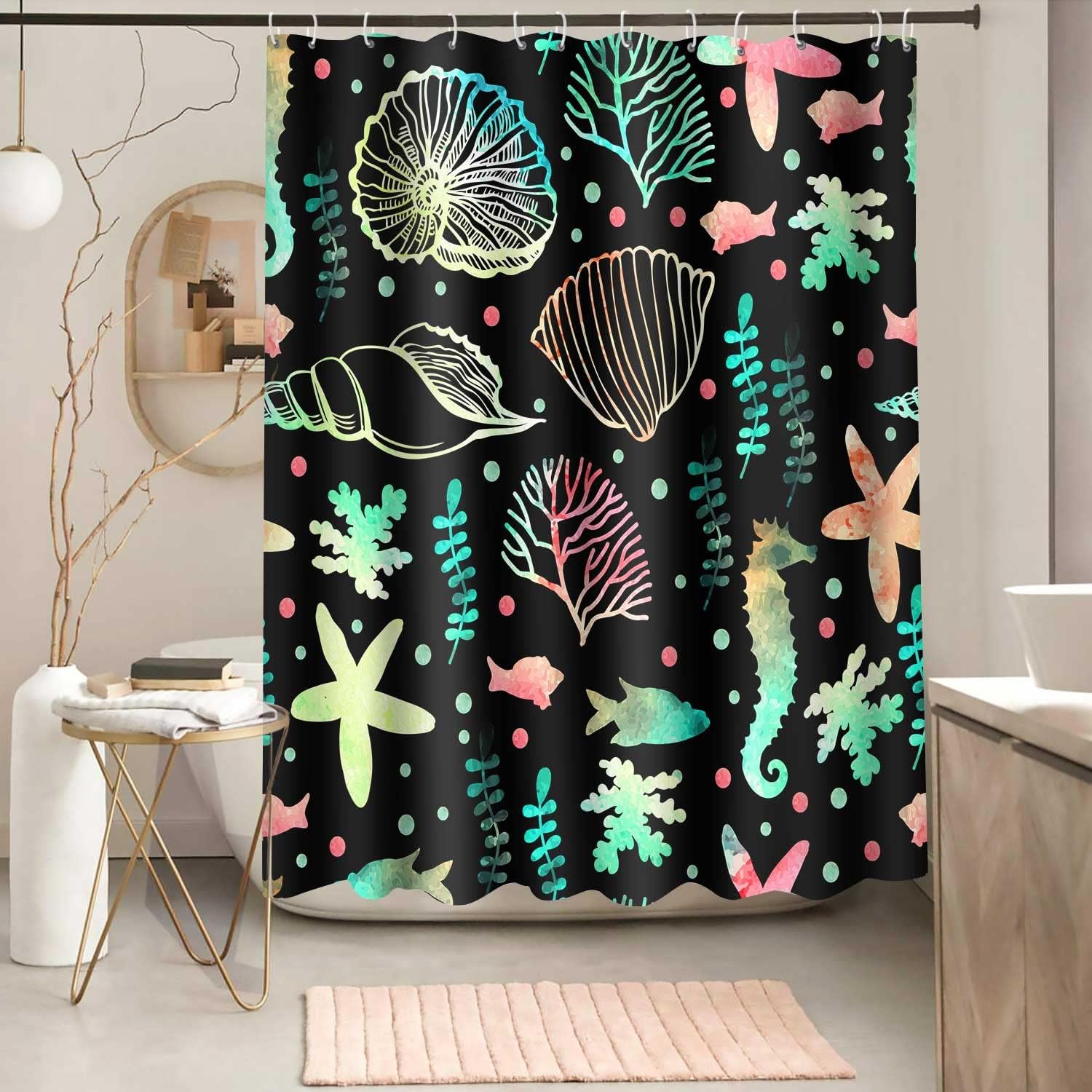 Starfish and Seashells Ocean Beach Print Shower Curtain for Coastal Bathroom Decor, Fabric Bath Curtain