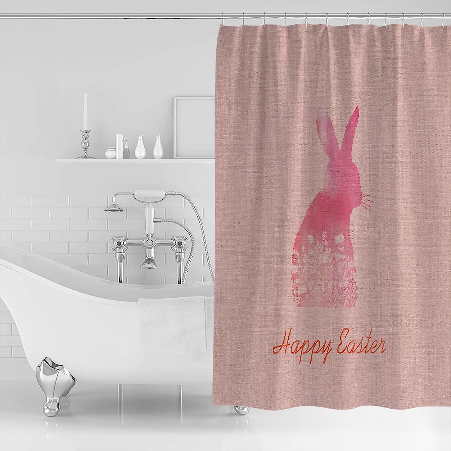 Staring Happy Easter Shower Curtain Pink Rabbit Silhouette