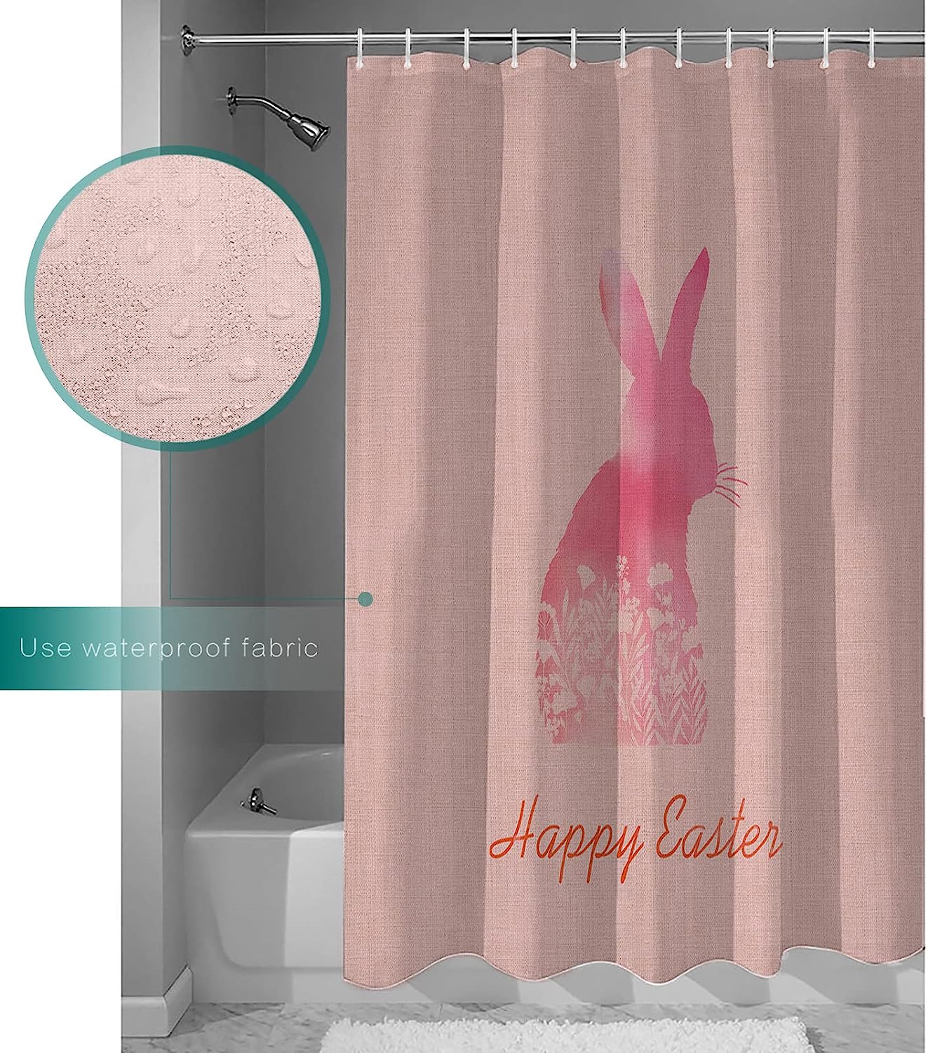 Staring Happy Easter Shower Curtain Pink Rabbit Silhouette