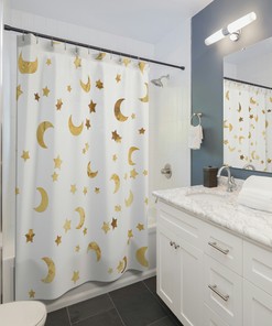 Starry Moon and Star Shower Curtain: Cosmic Night Sky Bathroom Accessories for Relaxation