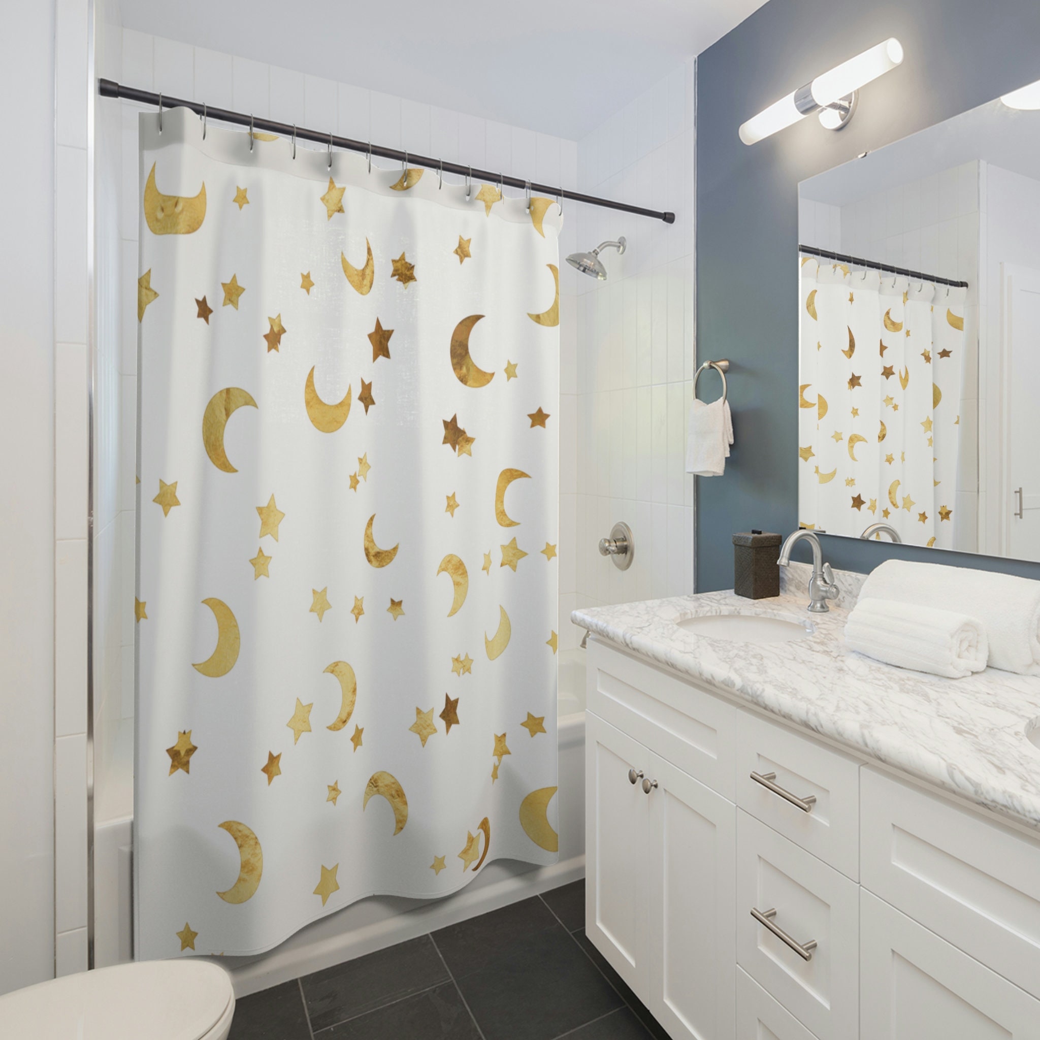 Starry Moon and Star Shower Curtain: Cosmic Night Sky Bathroom Accessories for Relaxation