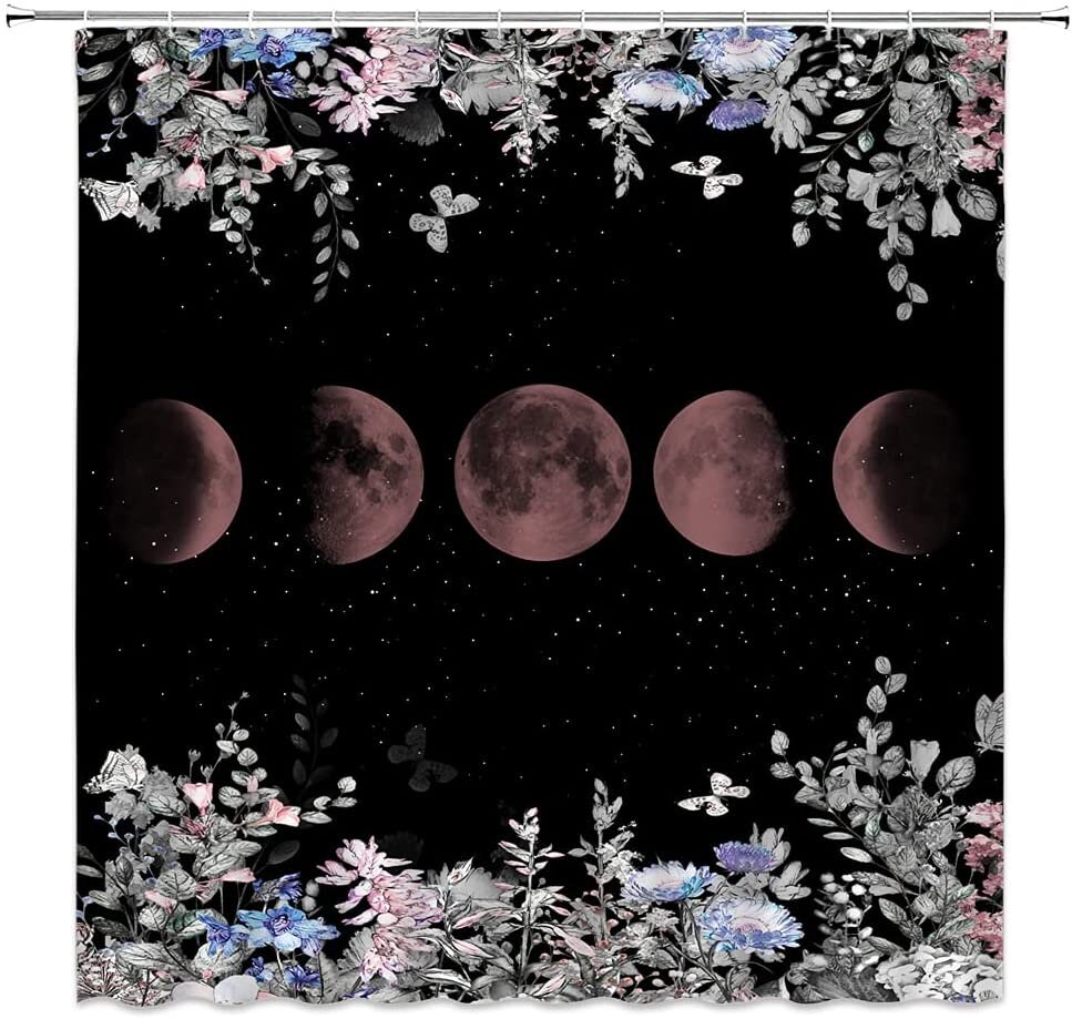 Starry Night Moon Phase Shower Curtain for Magical Garden Bathroom Decor