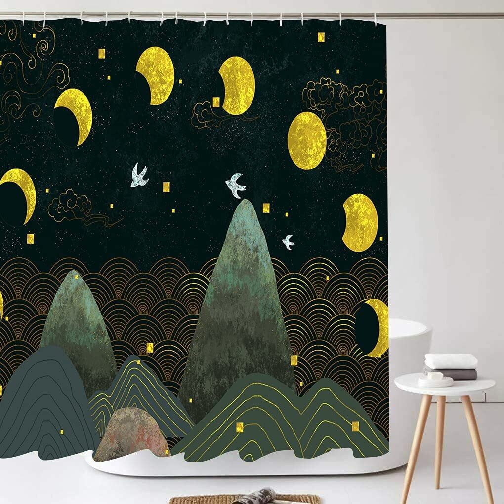 Starry Night Moon Phase Shower Curtain for Magical Garden Bathroom Decor