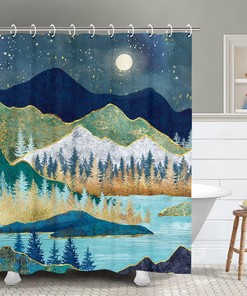 Starry Night Mountain Shower Curtain with Cool Night Sky Design, Nature Bathroom Decor 