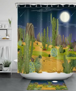 Starry Night Sky with Green Cactus Tropical Shower Curtain for a Dreamy Bathroom