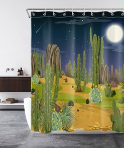 Starry Night Sky with Green Cactus Tropical Shower Curtain for a Dreamy Bathroom