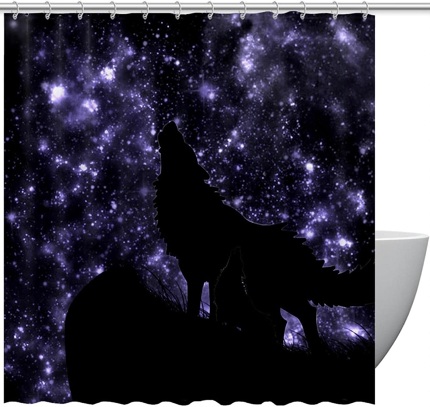 Starry Night Wolf Howl Shower Curtain for Mysterious Bathroom Decor